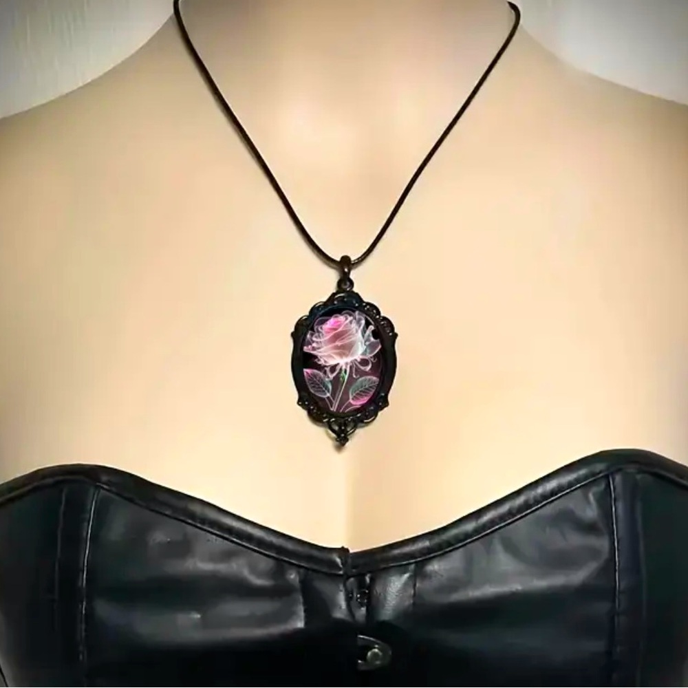 Vintage Rose Glass Pendant Necklace